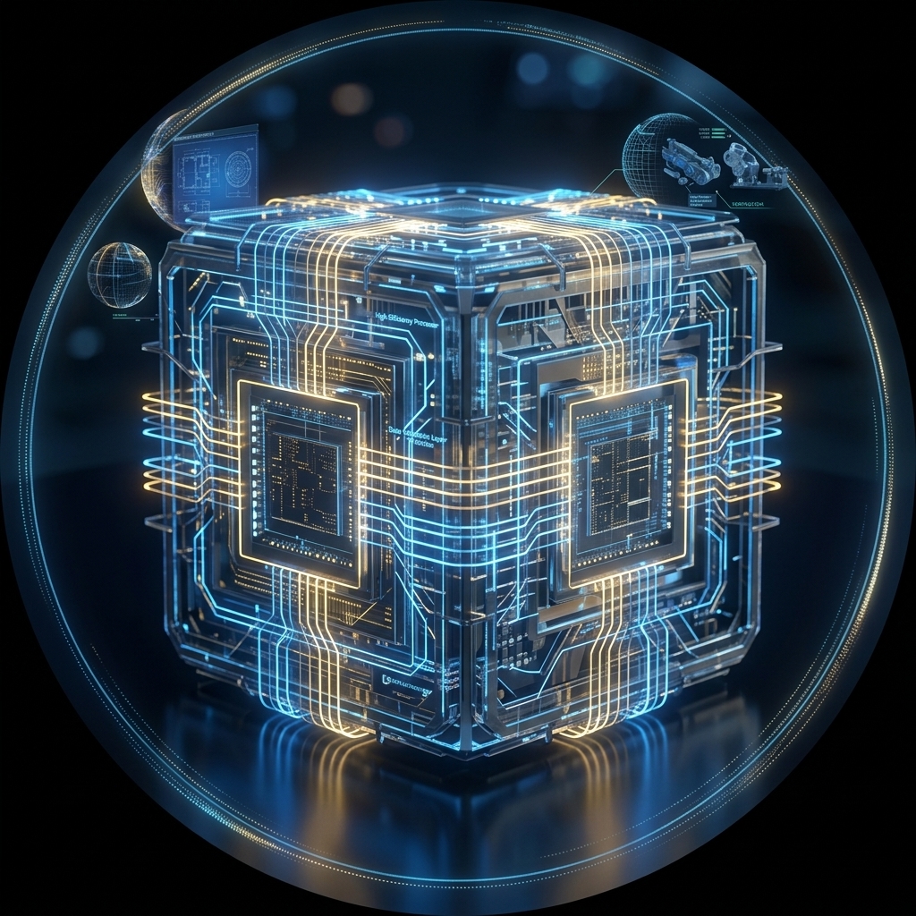 A luminous blue and gold engineering intelligence core