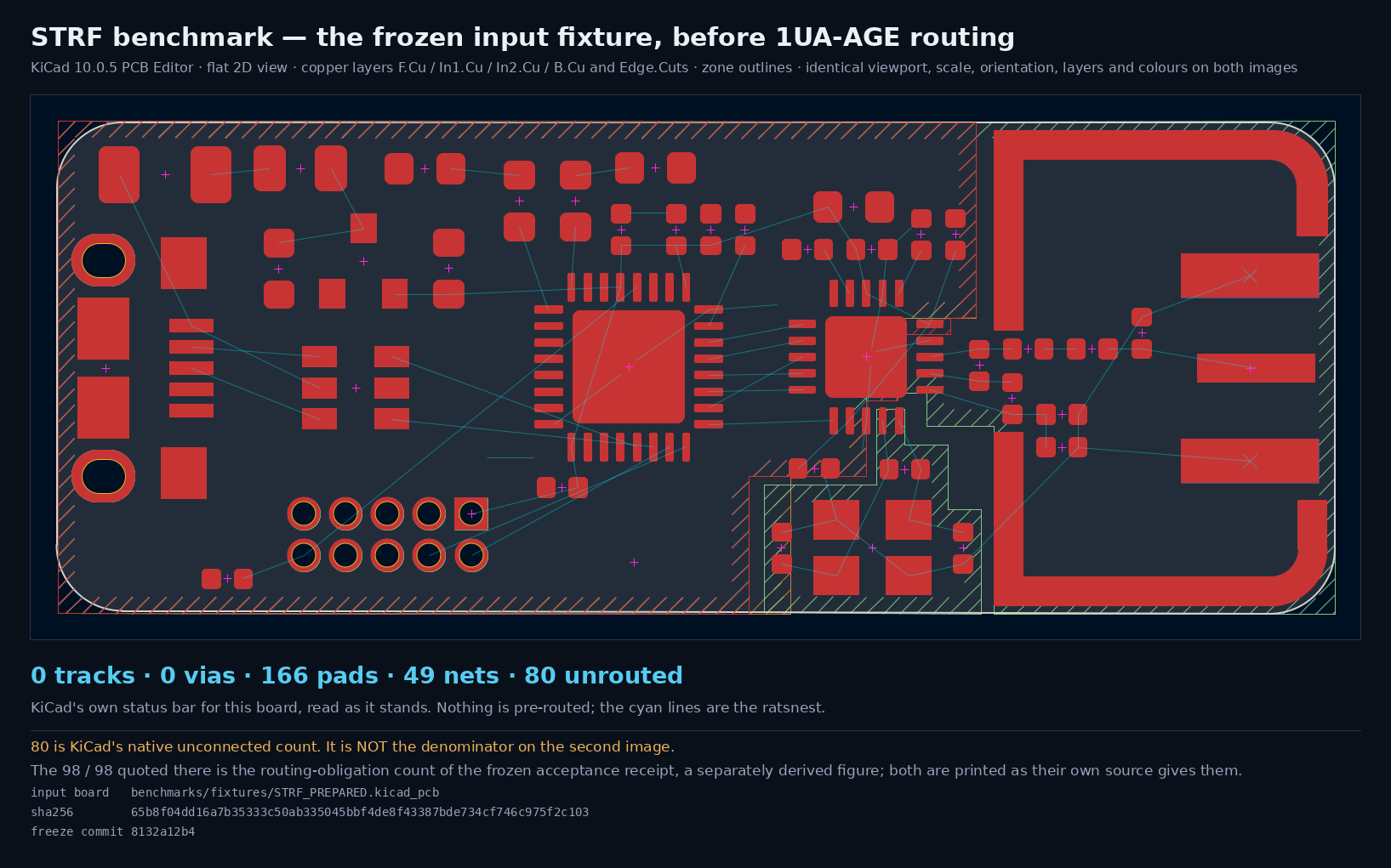 The frozen STRF input fixture in KiCad before 1UA-AGE routing, showing pads and unrouted ratsnest lines
