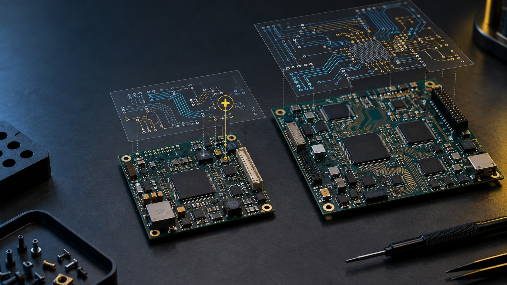 Editorial illustration of two PCB layouts undergoing an independent engineering review